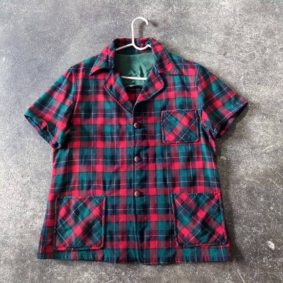 Pendleton Jackets & Blazers - Vintage Pendleton Jacket Womens L Red Green Plaid 49er Short Sleeve Plaid Wool